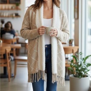 Adrienne Vittadini Tan and Cream Fringe Cardigan